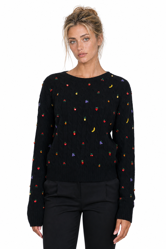 Valentino Fruit Beaded Cable-Knit Cashmere-Wool Sweater in Jet Black