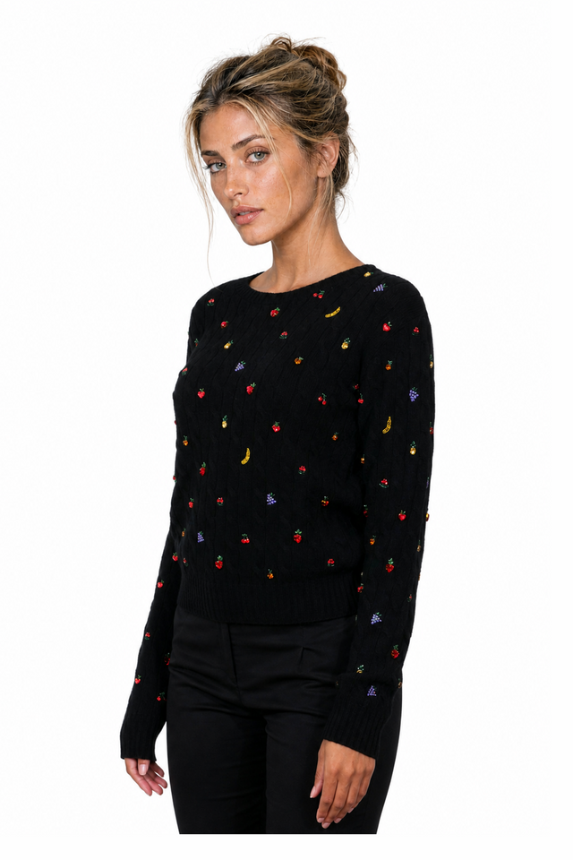 Valentino Fruit Beaded Cable-Knit Cashmere-Wool Sweater in Jet Black