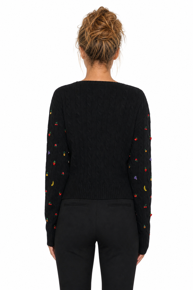Valentino Fruit Beaded Cable-Knit Cashmere-Wool Sweater in Jet Black
