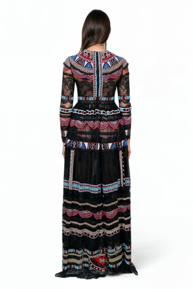 Valentino Embroidered Lace Gown in Black Multicolor