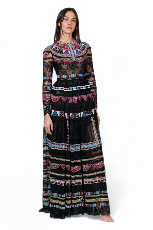 Valentino Embroidered Lace Gown in Black Multicolor