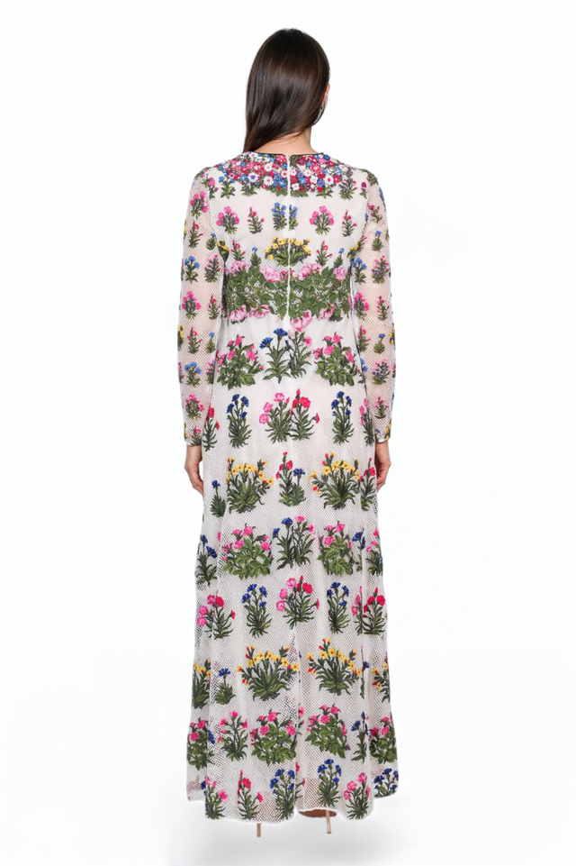 Valentino Floral Embroidered Gown with Sheer Overlay