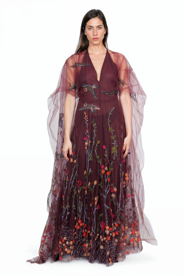 Valentino Embroidered Tulle Gown with Botanical & Bird Motif