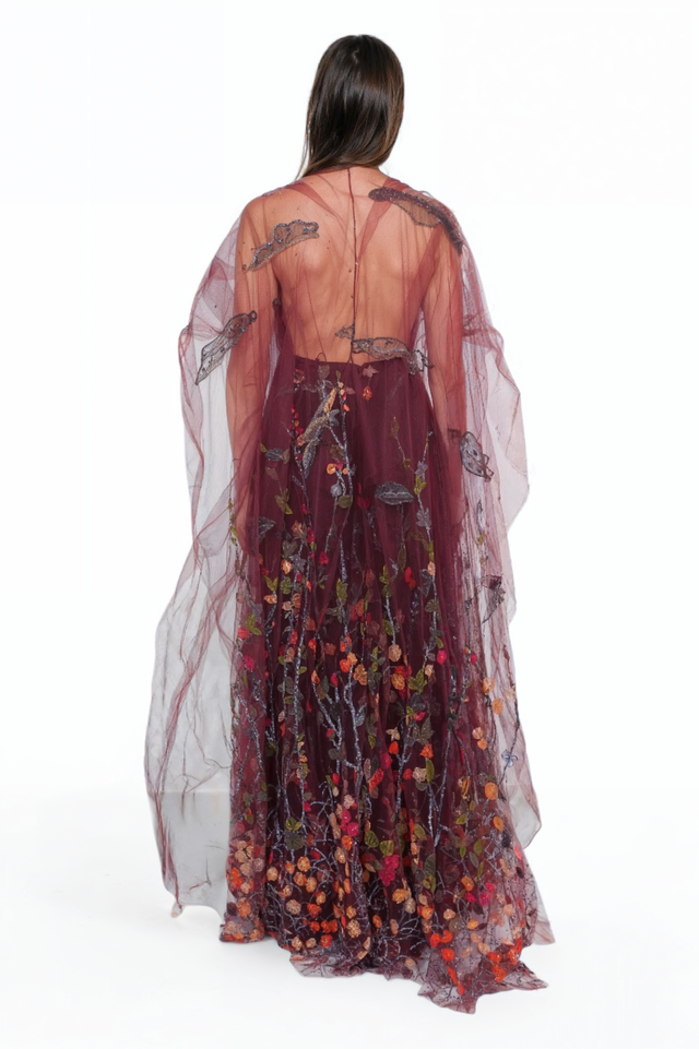 Valentino Embroidered Tulle Gown with Botanical & Bird Motif