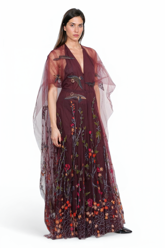 Valentino Embroidered Tulle Gown with Botanical & Bird Motif
