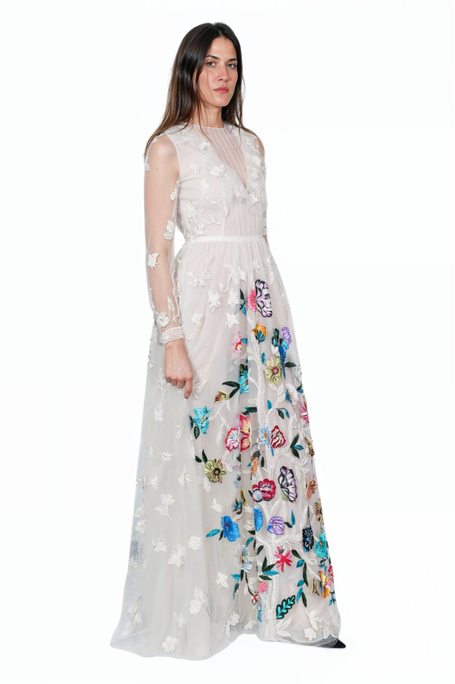 Valentino White Floral Embroidered Sheer Maxi Dress