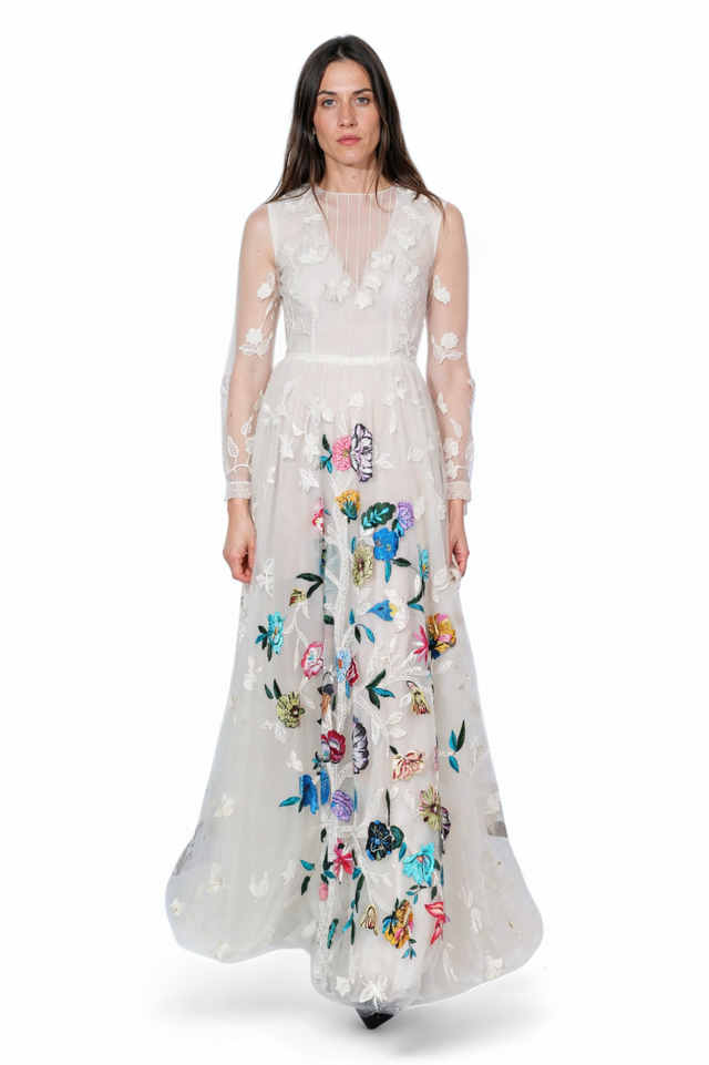 Valentino White Floral Embroidered Sheer Maxi Dress