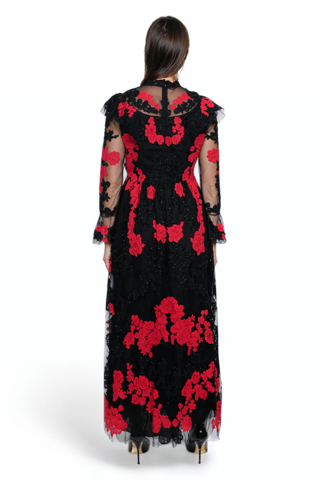 Valentino Sheer Black & Red Floral Lace Gown