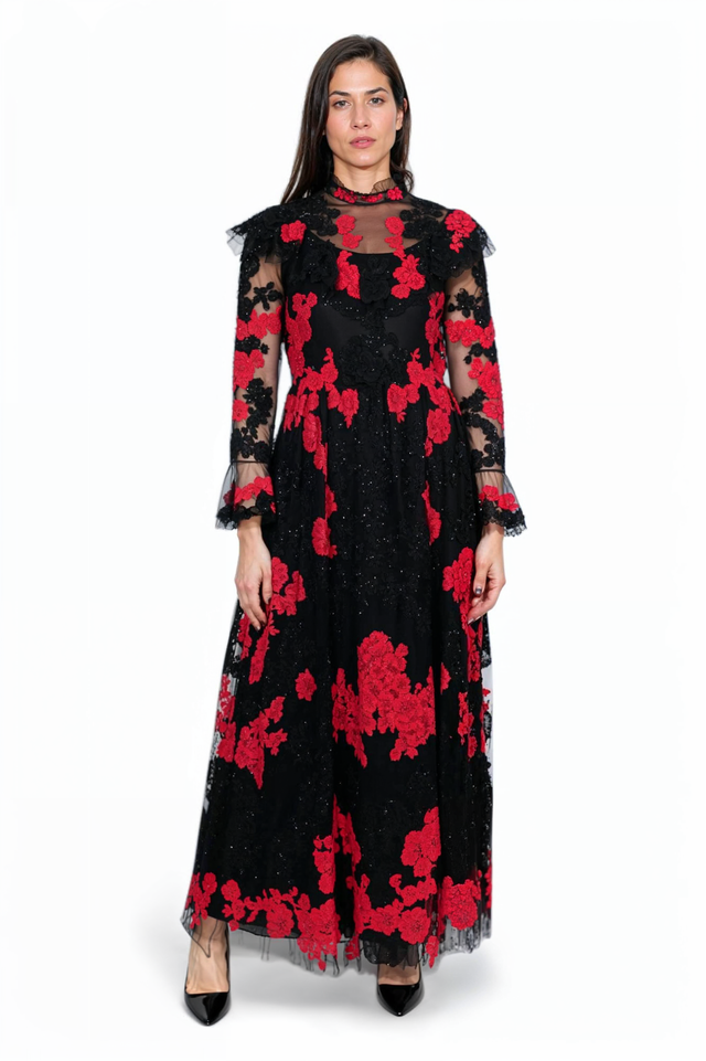 Valentino Sheer Black & Red Floral Lace Gown