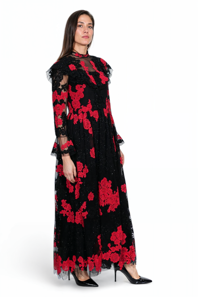 Valentino Sheer Black & Red Floral Lace Gown