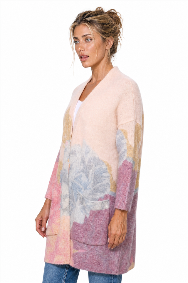 Valentino women's floral intarsia mohair-blend longline cardigan in pastel pink