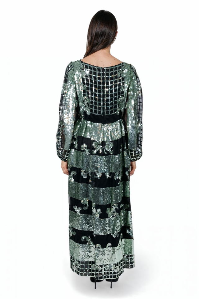 Valentino Sequin Block Pattern Gown - Metallic Green and Black