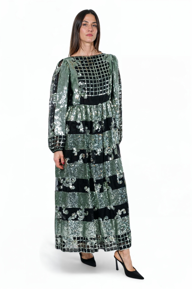 Valentino Sequin Block Pattern Gown - Metallic Green and Black
