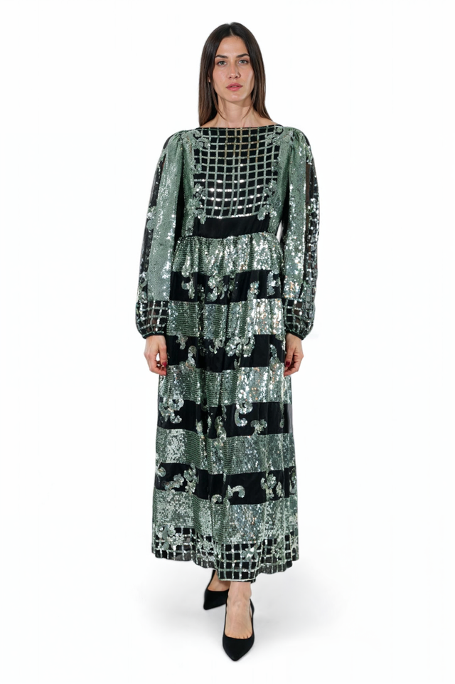 Valentino Sequin Block Pattern Gown - Metallic Green and Black