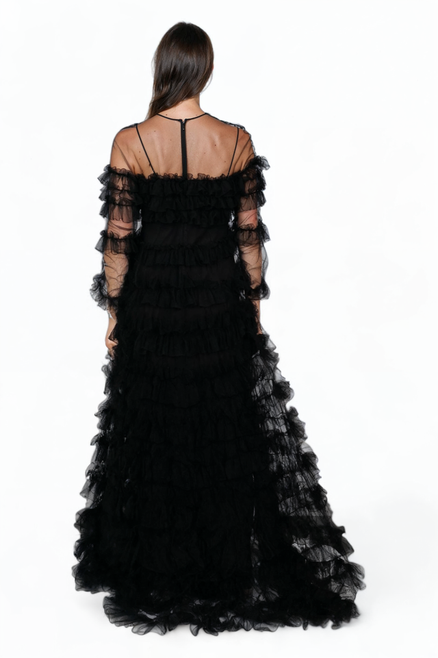 Valentino Ruffled Tulle Evening Gown in Black