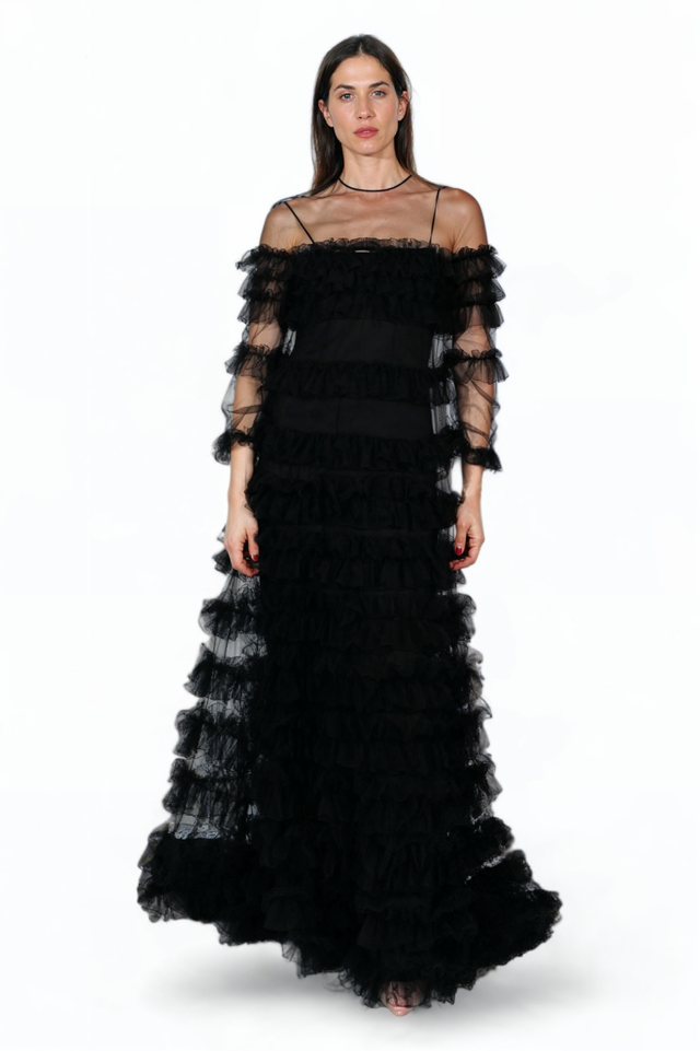 Valentino Ruffled Tulle Evening Gown in Black