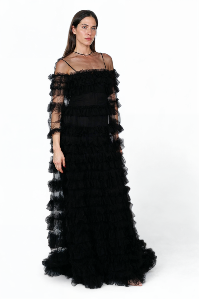 Valentino Ruffled Tulle Evening Gown in Black