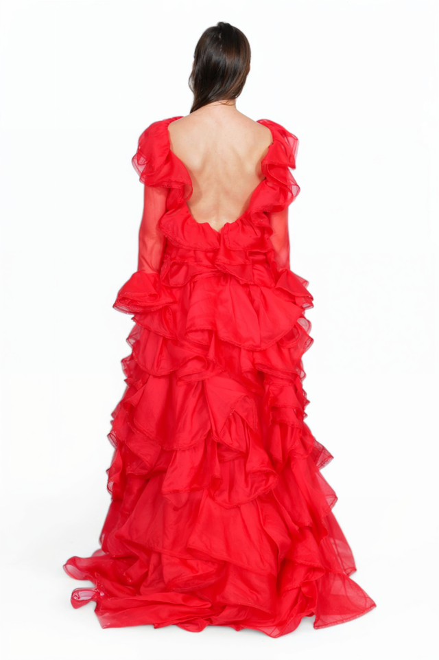 Valentino Sheer Ruffled Tulle Gown in Red
