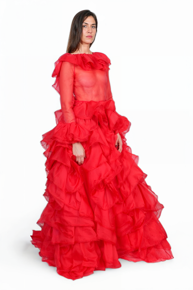 Valentino Sheer Ruffled Tulle Gown in Red