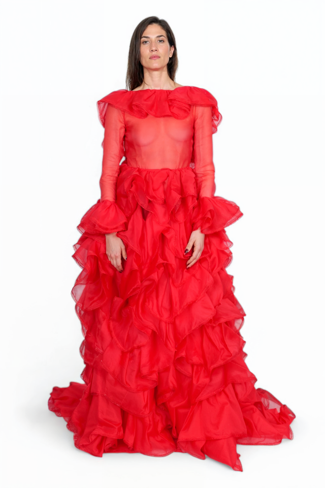 Valentino Sheer Ruffled Tulle Gown in Red