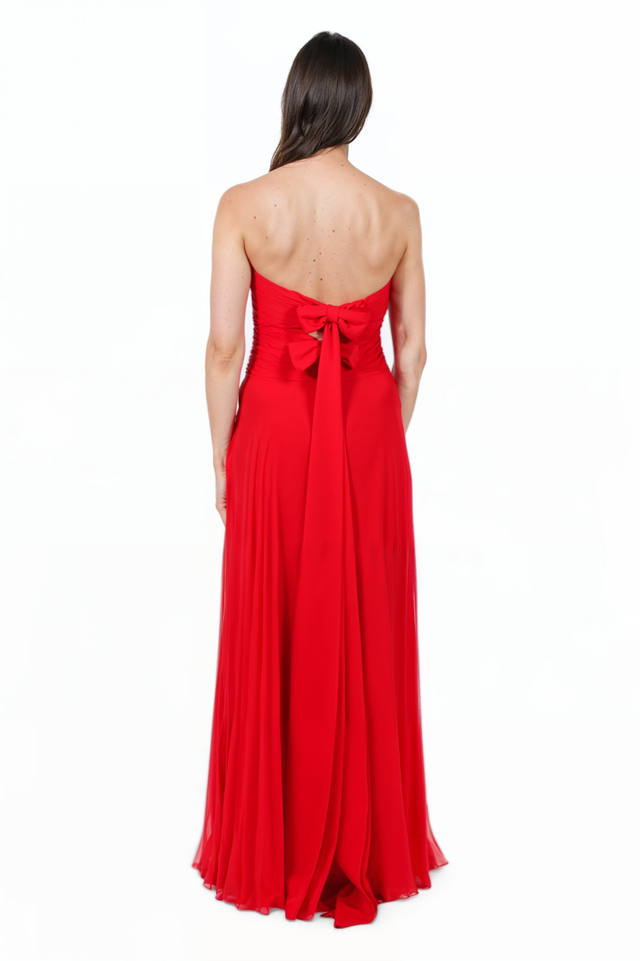 Valentino Strapless Ruched Chiffon Evening Gown in Red