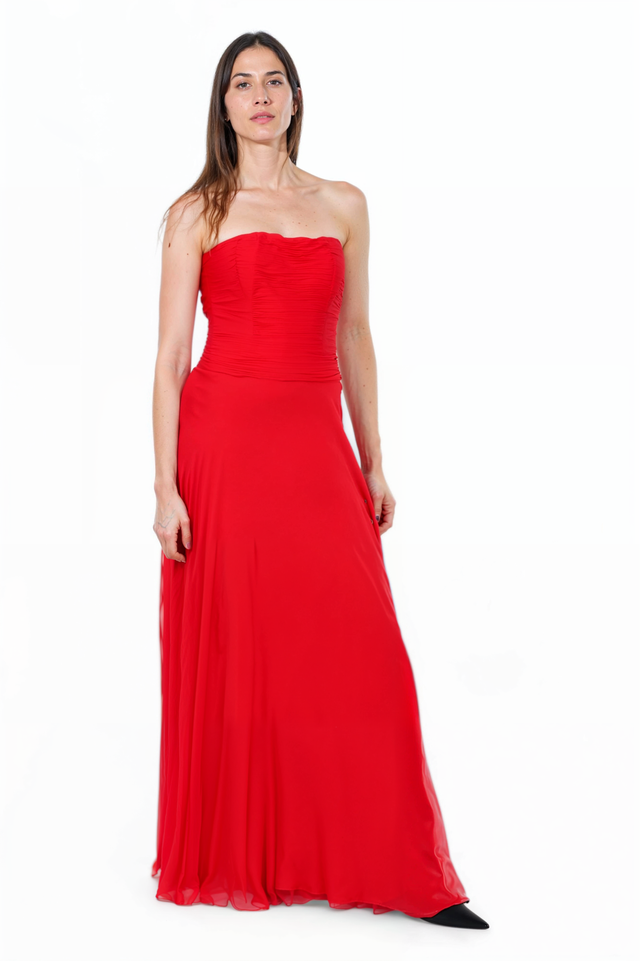 Valentino Strapless Ruched Chiffon Evening Gown in Red