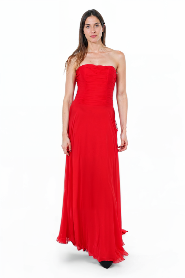 Valentino Strapless Ruched Chiffon Evening Gown in Red