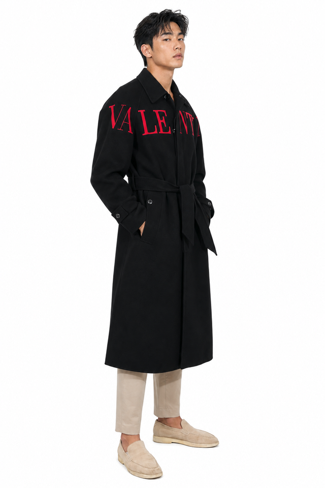 Valentino Red Logo Embroidered Belted Wool Coat