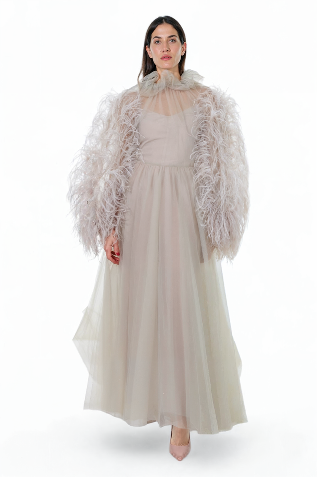 Valentino Feather-Trimmed Tulle Gown - Soft Ivory