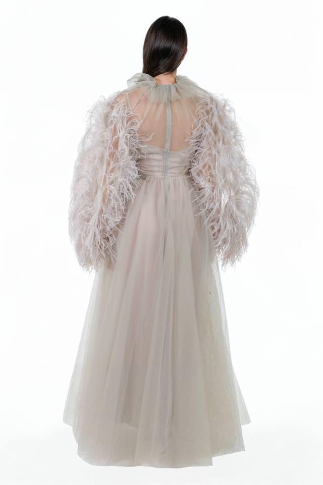 Valentino Feather-Trimmed Tulle Gown - Soft Ivory