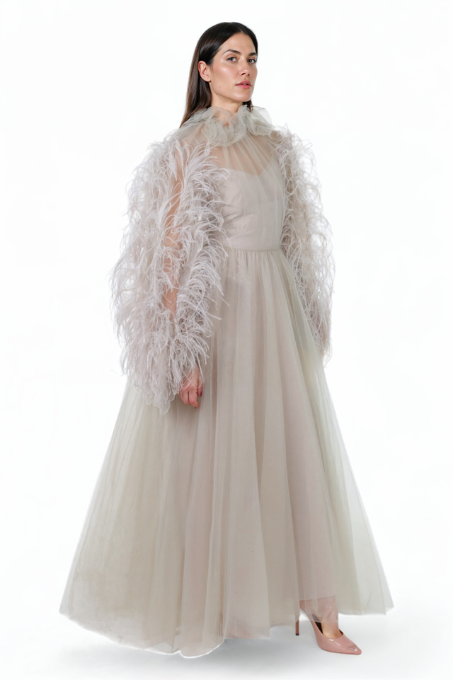 Valentino Feather-Trimmed Tulle Gown - Soft Ivory