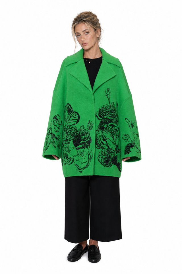 Valentino floral-graphic brushed wool-blend oversized coat in emerald green and black