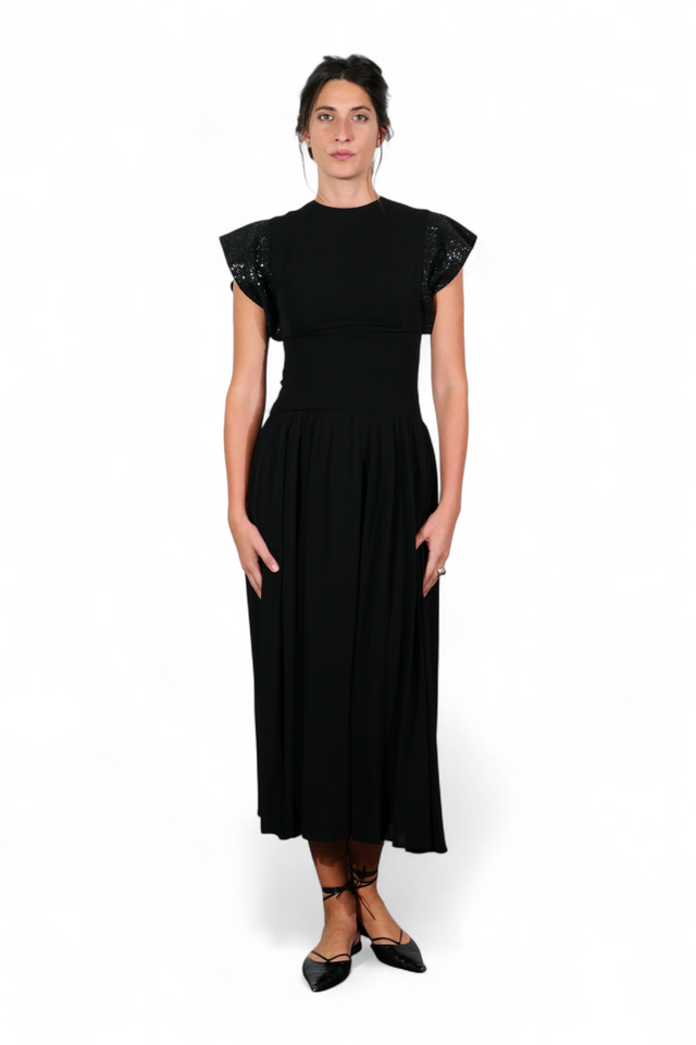 Valentino Sequin-Trim Flutter Sleeve Midi Dress — Black