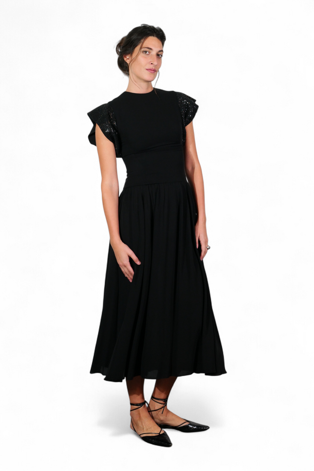 Valentino Sequin-Trim Flutter Sleeve Midi Dress — Black