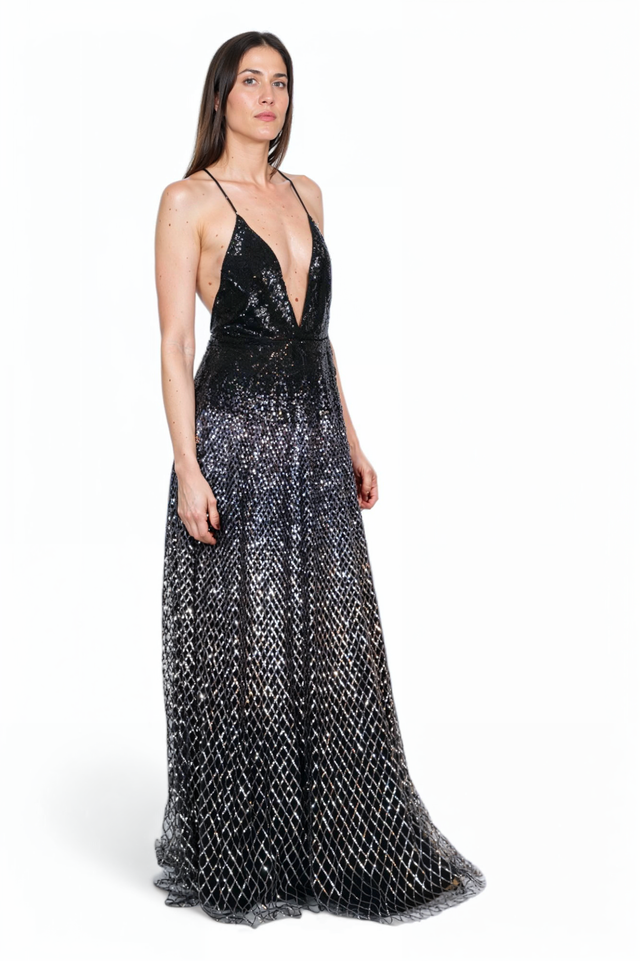 Valentino Black Metallic Sequin Gown with Plunging Neckline
