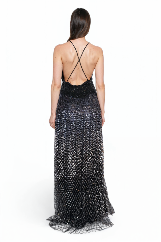Valentino Black Metallic Sequin Gown with Plunging Neckline