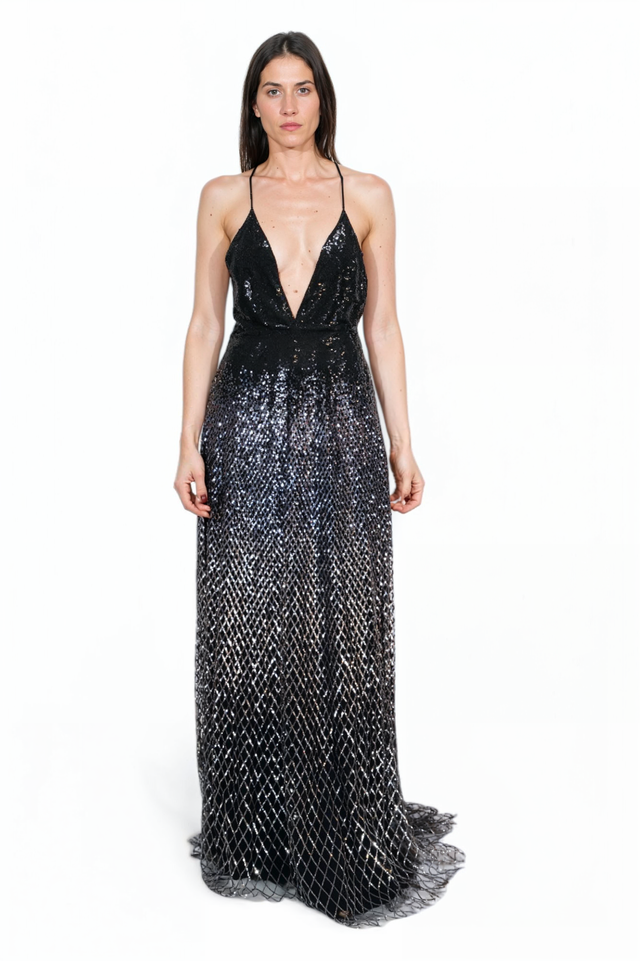 Valentino Black Metallic Sequin Gown with Plunging Neckline