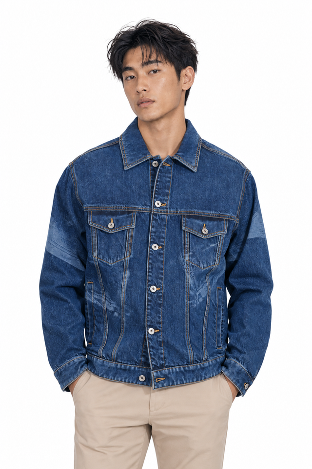Valentino Men's Distressed Washed Denim Trucker Jacket in Medium Blue
