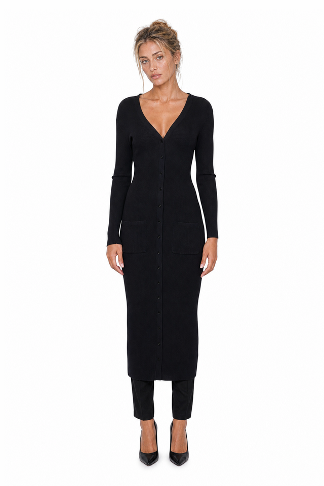 Valentino Longline Fine-Ribbed Knit Cardigan Dress in Jet Black