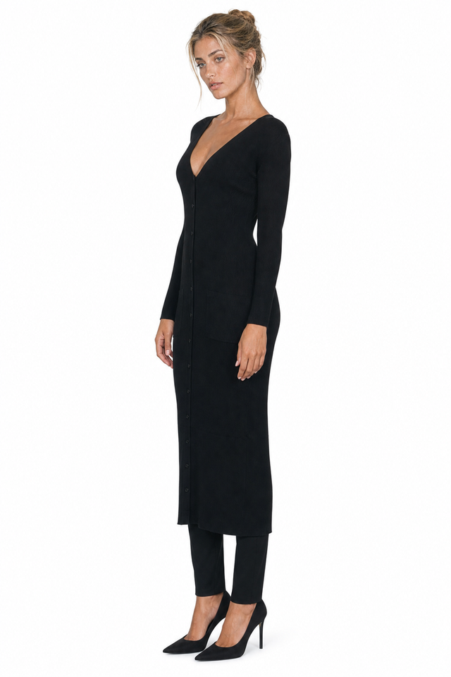 Valentino Longline Fine-Ribbed Knit Cardigan Dress in Jet Black
