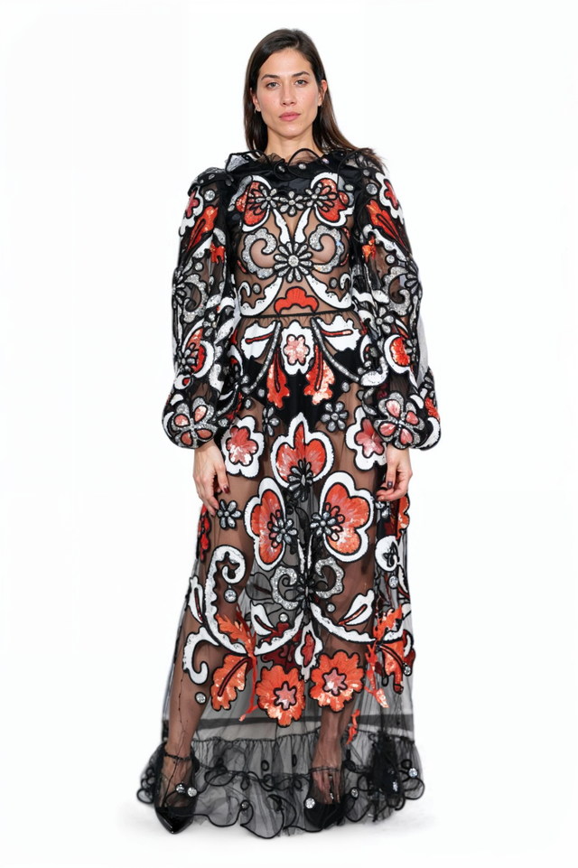 Valentino Embroidered Sheer Gown with Floral Appliqué