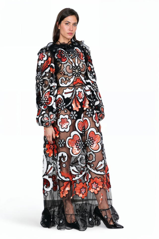 Valentino Embroidered Sheer Gown with Floral Appliqué