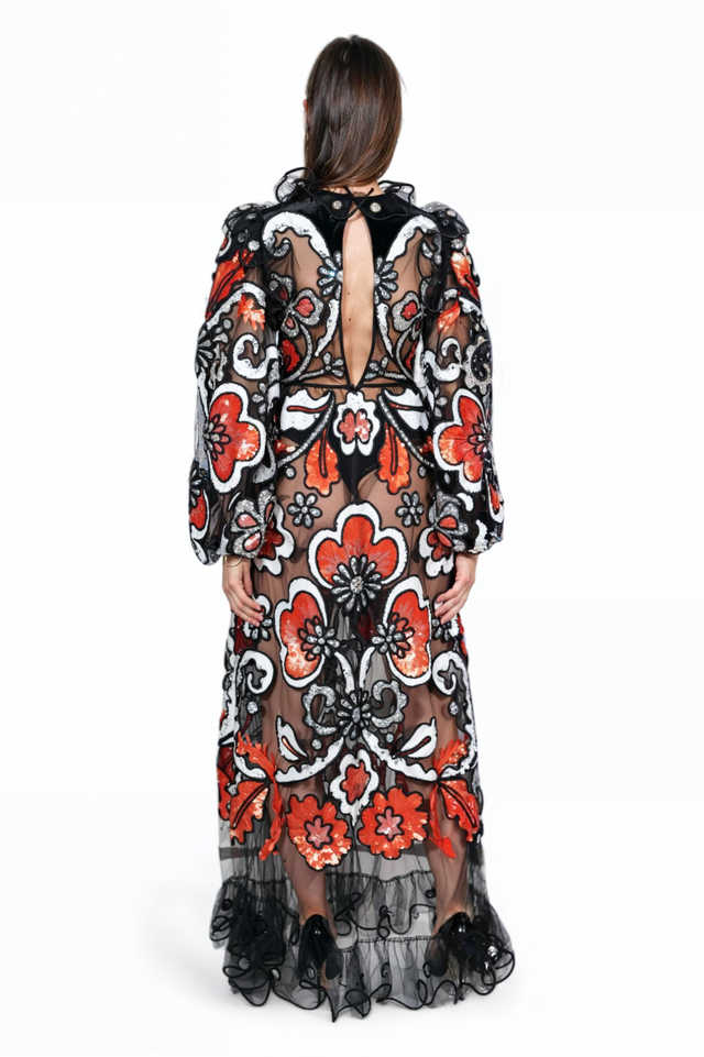 Valentino Embroidered Sheer Gown with Floral Appliqué