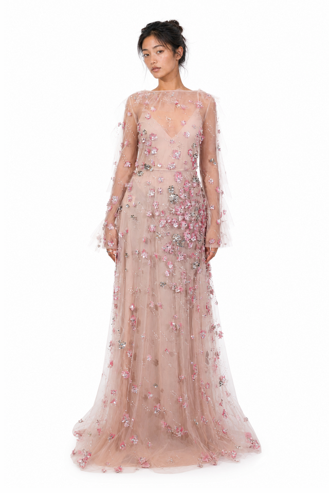 Valentino 3D Floral Appliqué Tiered Tulle Long-Sleeve Evening Gown in Blush Pink