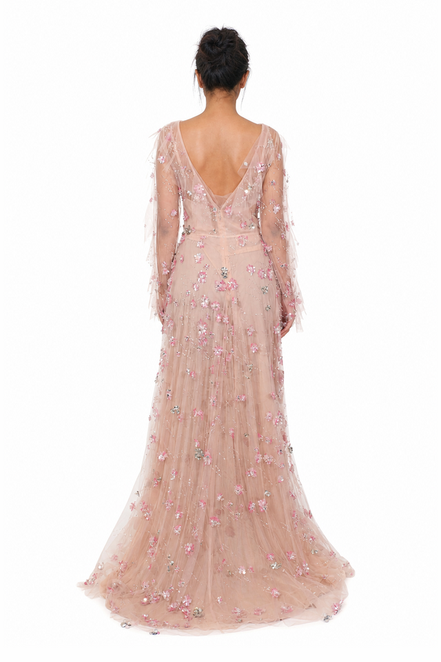 Valentino 3D Floral Appliqué Tiered Tulle Long-Sleeve Evening Gown in Blush Pink