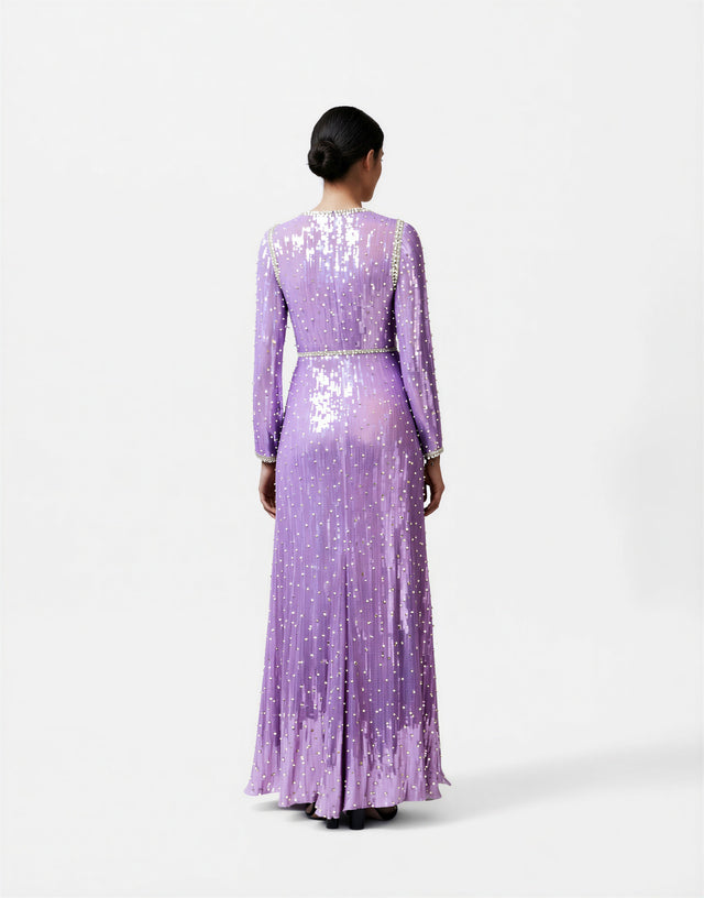 Valentino Lavender Embellished Long-Sleeve Evening Gown