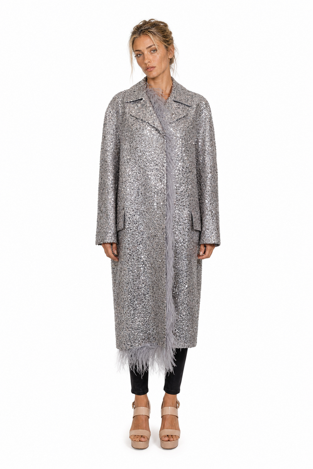 Valentino Silver Sequin Coat with Feather Trim