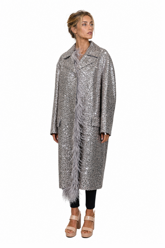 Valentino Silver Sequin Coat with Feather Trim