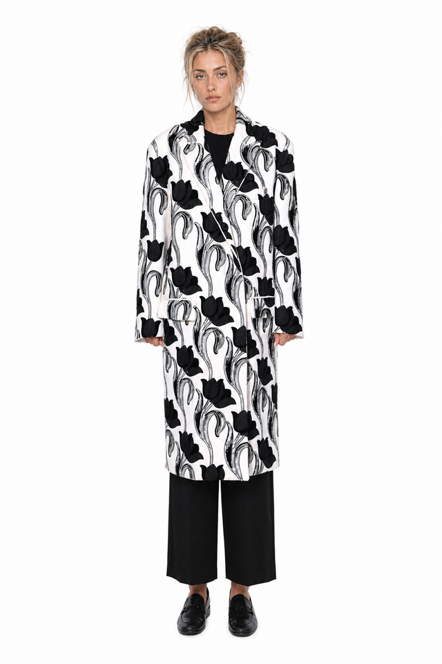 Valentino Tulip Velvet-Appliqué Double-Breasted Wool Coat in Chalk White & Jet Black