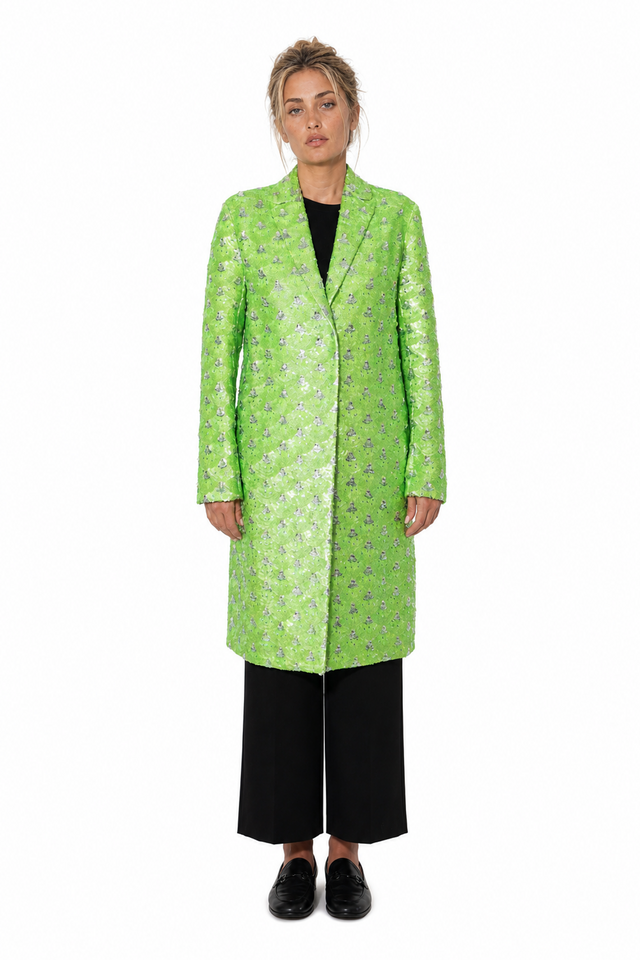 Valentino Scalloped Sequined Tailored Duster Coat in Chartreuse Green